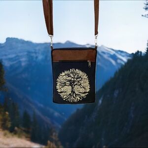 Brown and Black Crossbody Bag with Tree Design